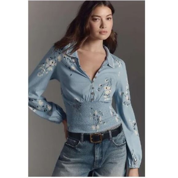 Maeve Smocked Button-down Top in Blue Pattern from Anthropologie –Size Small–NWT - Picture 1 of 8